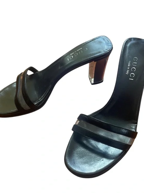 Auth Gucci black Leather Clear Mules block heel lucite vintage sandal 7.5 - Picture 4 of 8